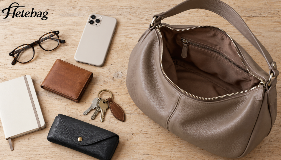 Open Hobo Bag Beside A Phone Wallet Glasses And Keys