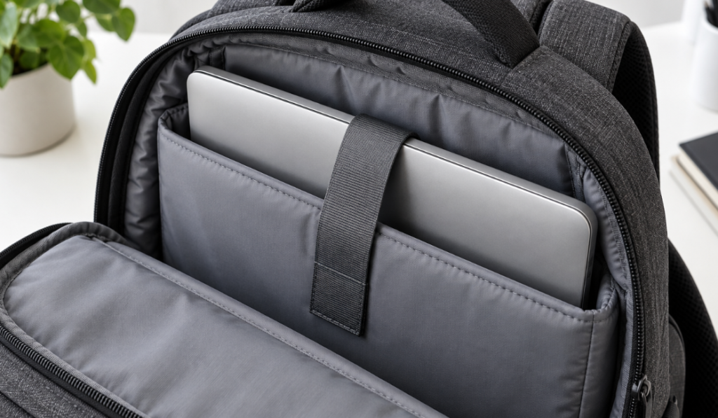 Padded laptop compartment with retention strap