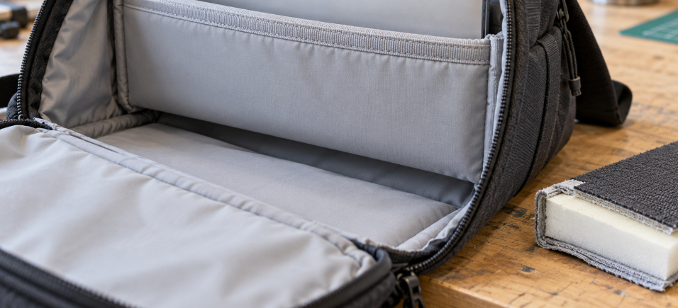 Padded laptop sleeve with a silver laptop and a foam construction sample