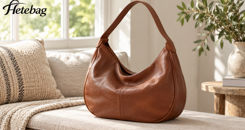 Soft Brown Leather Hobo Bag On A Fabric Bench
