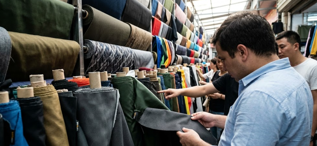 Agent d'approvisionnement sélectionnant du tissu Cordura gris dans un marché textile animé de Guangzhou.