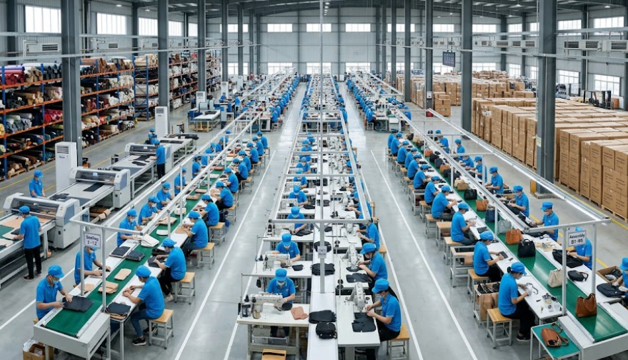 Wide view of an organized, large-scale handbag production floor