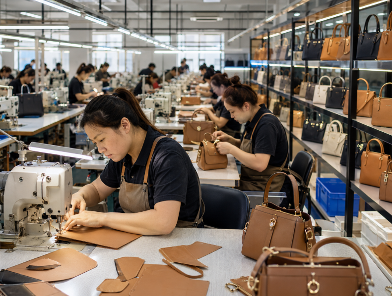 A Modern Handbag Factory Where Skilled Workers Are Sewing And Assembling Handbags