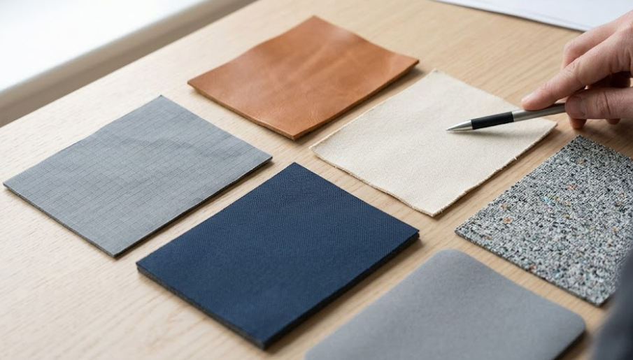 A Person Selects Various Colors Of Leather Swatches Using A Pen Showcasing A Range Of Textures And Hues