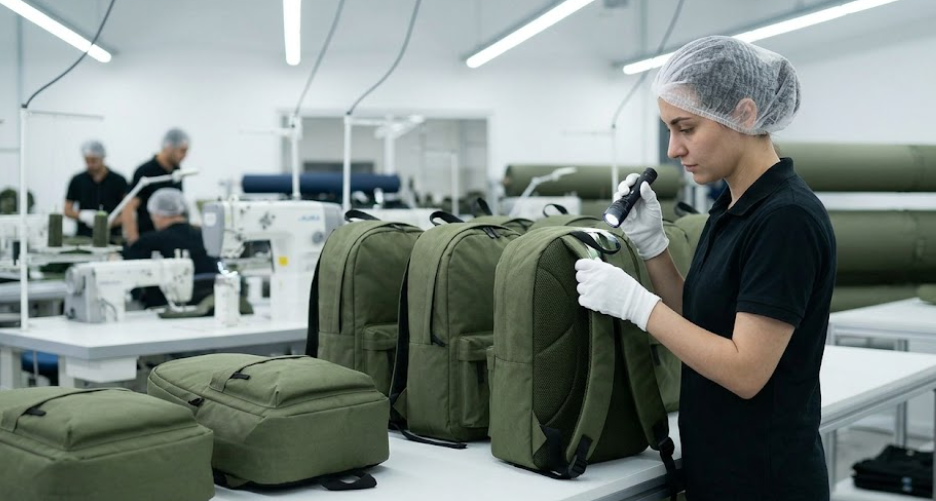 A quality control inspector wearing white gloves carefully examines the stitching and zipper function of newly finished olive green RPET backpacks in a clean, modern manufacturing facility