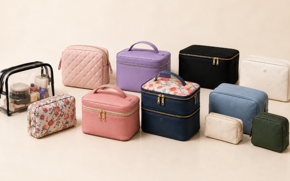 An Assortment Of New Makeup Bags Showcasing Vibrant Colors And Modern Designs Elegantly Presented For Viewing