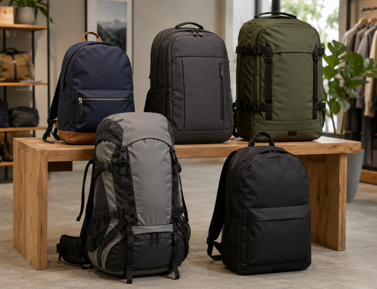 Five Distinct Backpacks Of Various Colors And Styles Arranged On A Wooden Bench Outdoors