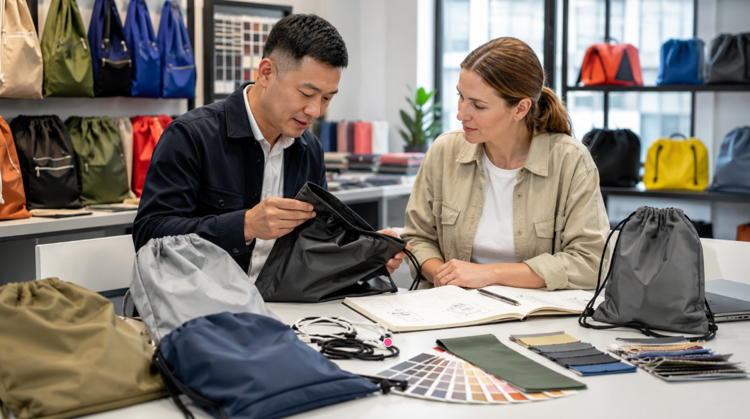 Un comprador revisa muestras de bolsas con cordón junto con un proveedor