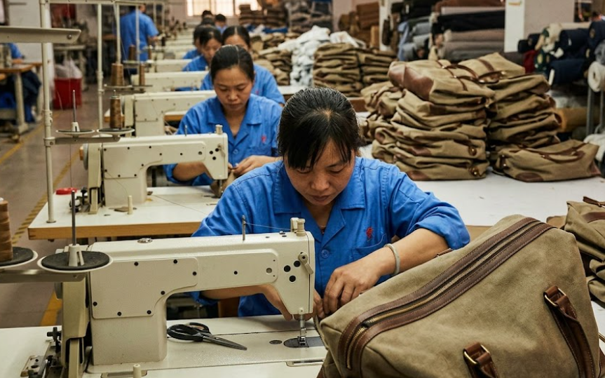 Women Working In A Factory Focused On Assembling And Sewing Bags On Industrial Machines
