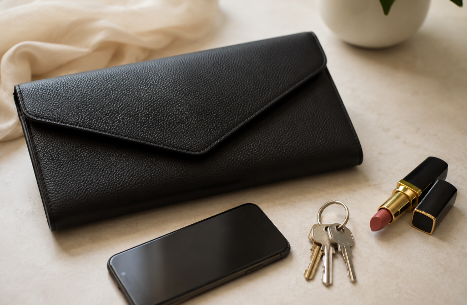 Black Leather Clutch Bag With Phone Keys And Lipstick