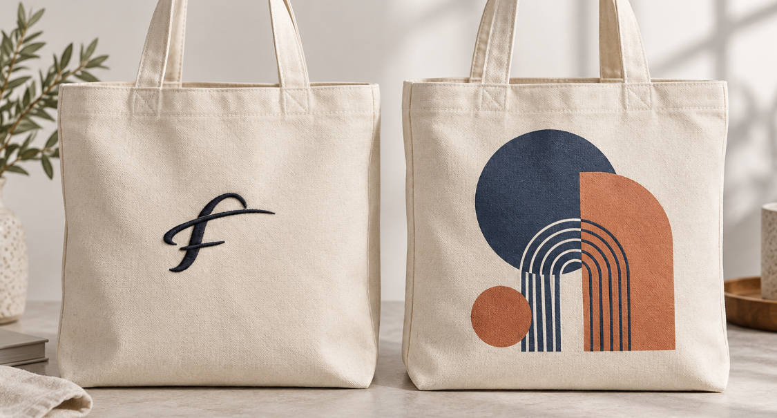 Embroidered Logo And Screen Printed Logo Shown On Two Custom Canvas Bag Panels