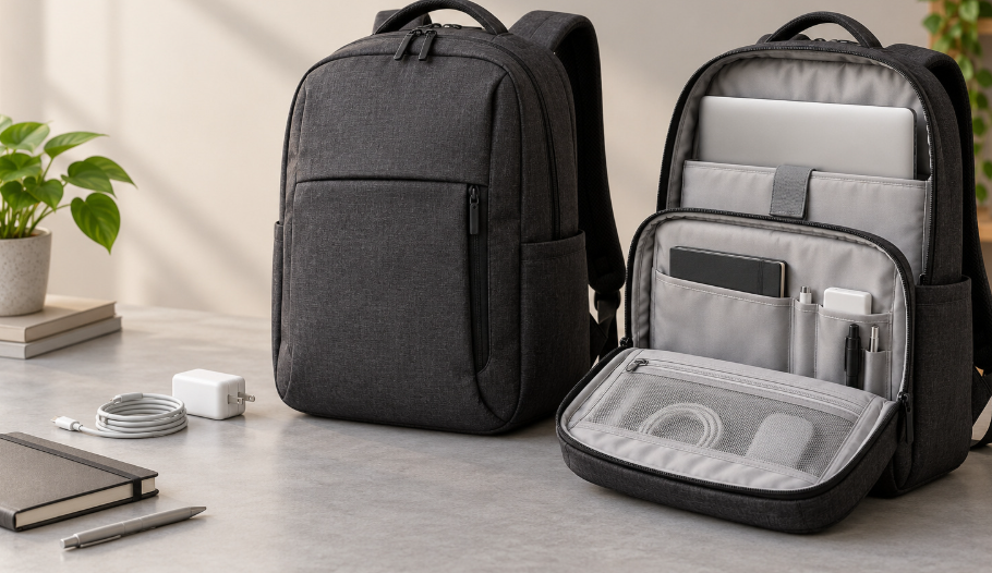 Open and closed charcoal laptop backpacks with a laptop and organizer pockets